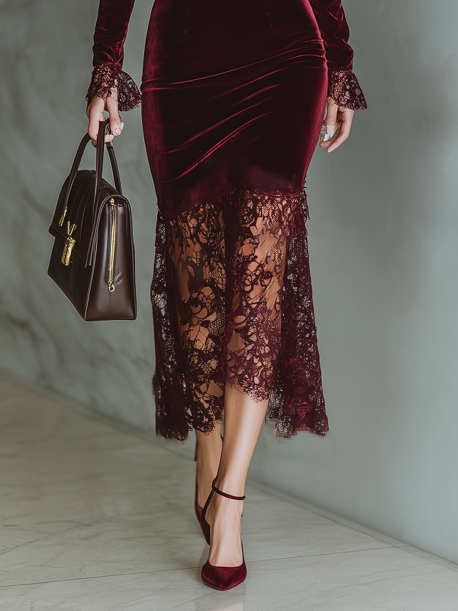 Women's Burgundy Velvet Lace Fitted Maxi Dress MDA1190J4T – Modesees